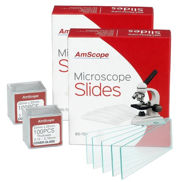 Amscope 144 Pre-Cleaned Blank Microscope Slides and 200 22x22mm Square Cover Glass BS-144P-200S-22